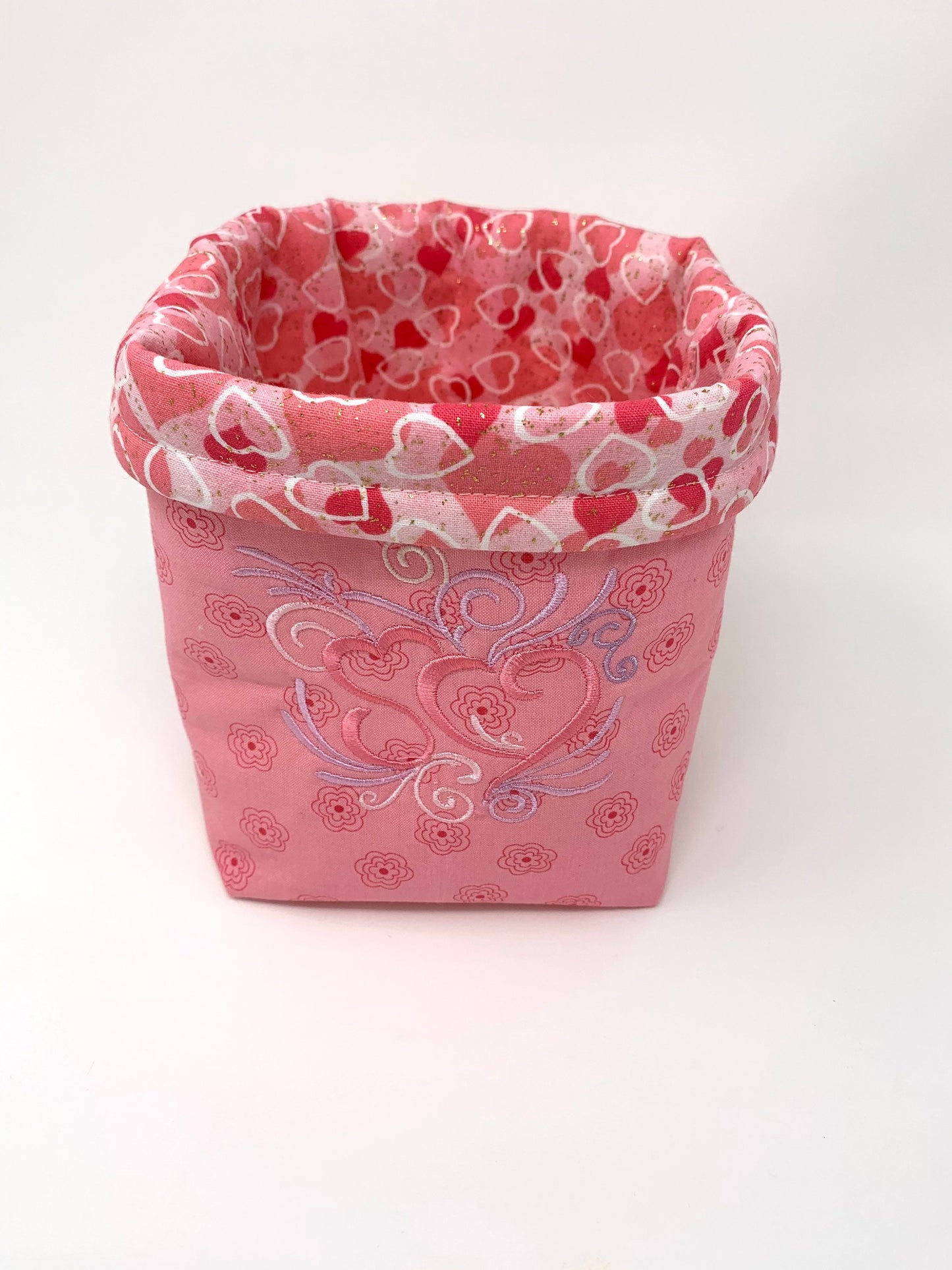 Fabric Bag, Basket, Reusable,  Tissue Box Holder, Hearts, Valentines Day, Pink, Lavender, Handmade