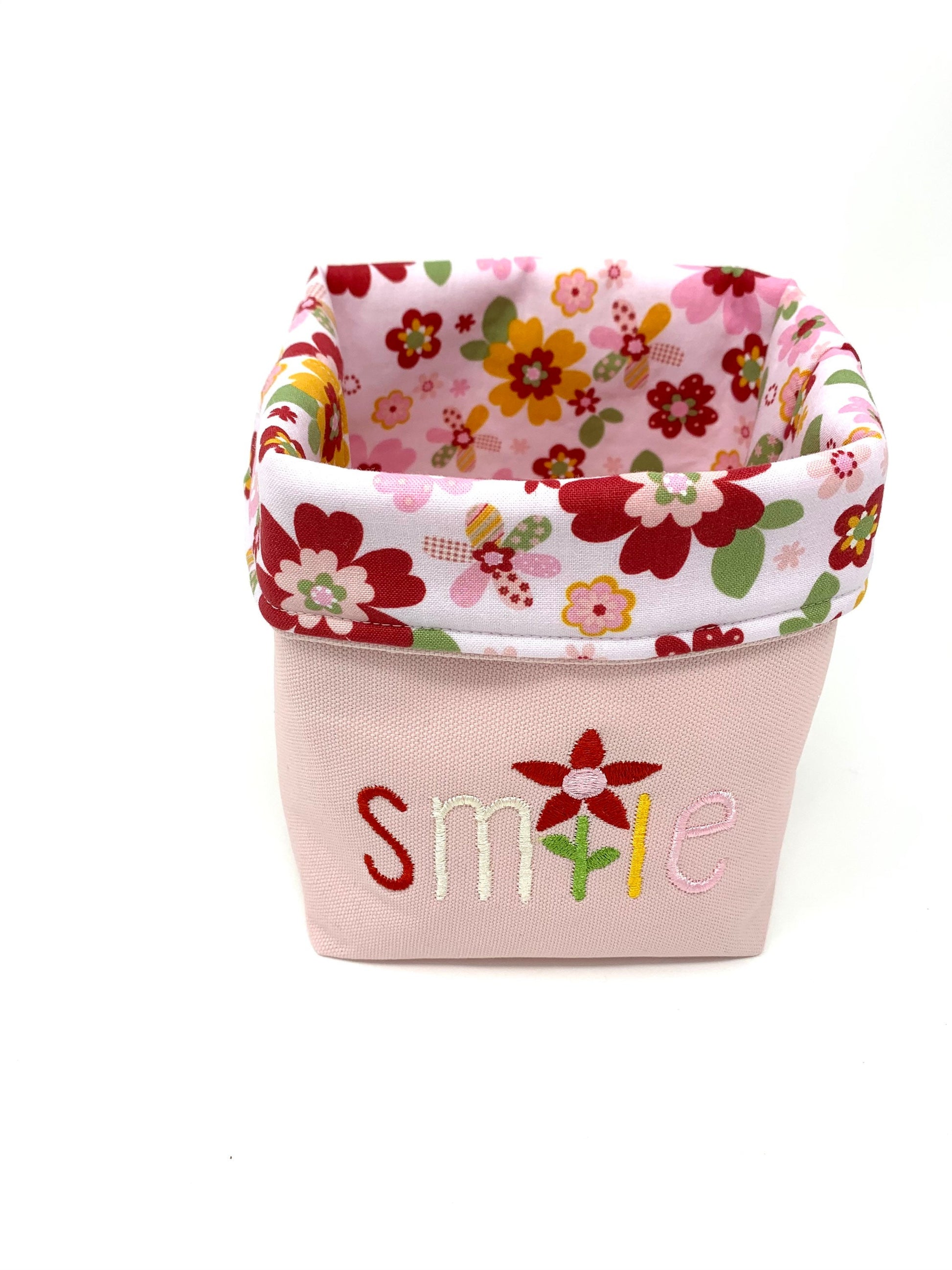 Fabric Bag, Basket, Reusable, Tissue Box Holder, Floral, Smile Basket, Red, Pink, Handmade