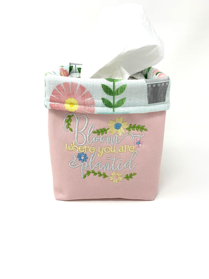 Fabric Bag, Basket, Reusable, Tissue Box Holder, Floral, Bloom Where You Are Planted, Pink, Yellow, Blue, Handmade