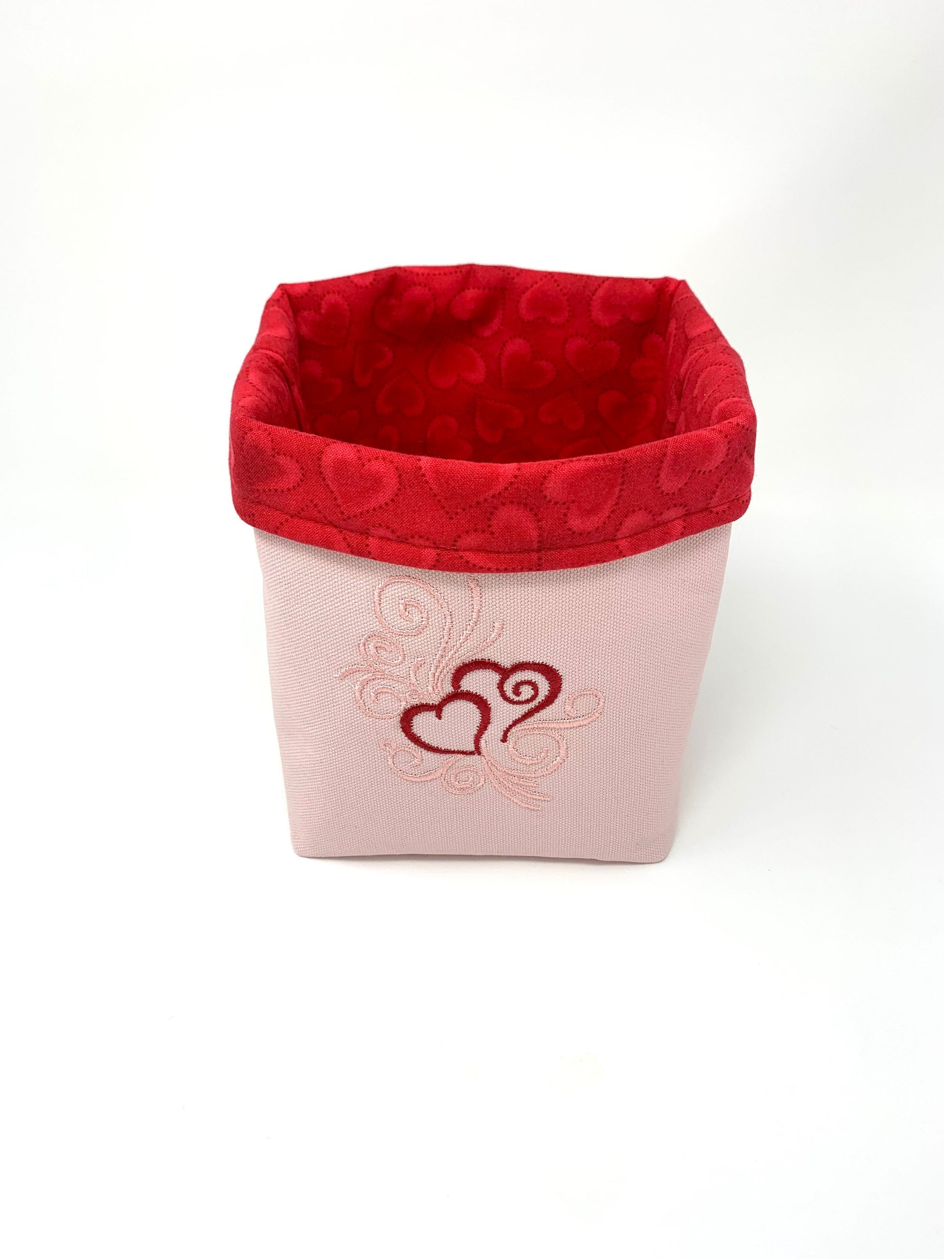 Fabric Bag, Basket, Reusable, Tissue Box Holder, Hearts, Valentines Day, Red, Pink, Handmade