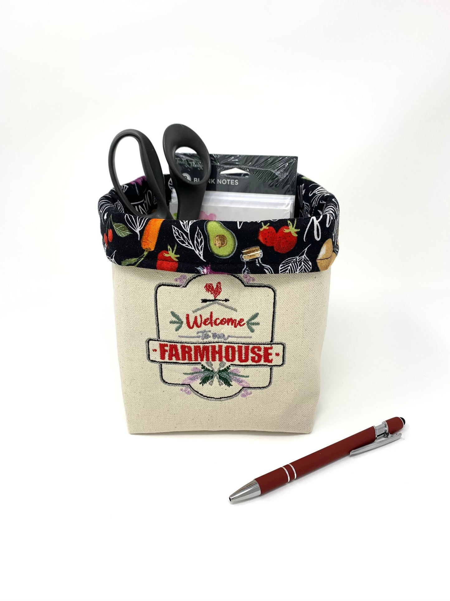 Fabric Bag, Basket, Reusable, Veggies, Welcome To Our Farmhouse, Black, Red, Beige, Handmade