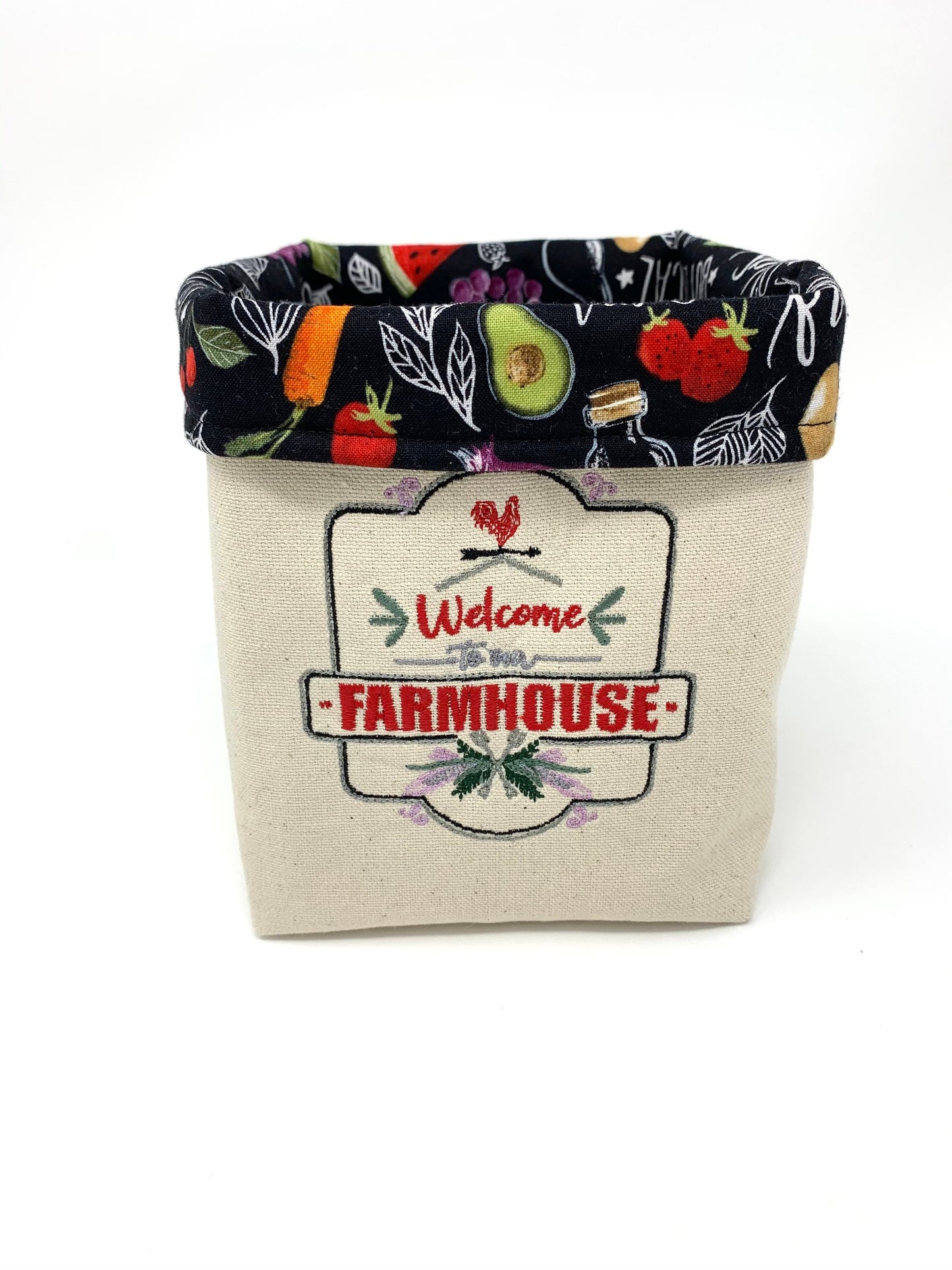 Fabric Bag, Basket, Reusable, Veggies, Welcome To Our Farmhouse, Black, Red, Beige, Handmade