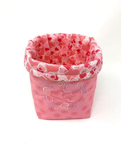 Fabric Bag, Basket, Reusable,  Tissue Box Holder, Hearts, Valentines Day, Pink, Lavender, Handmade