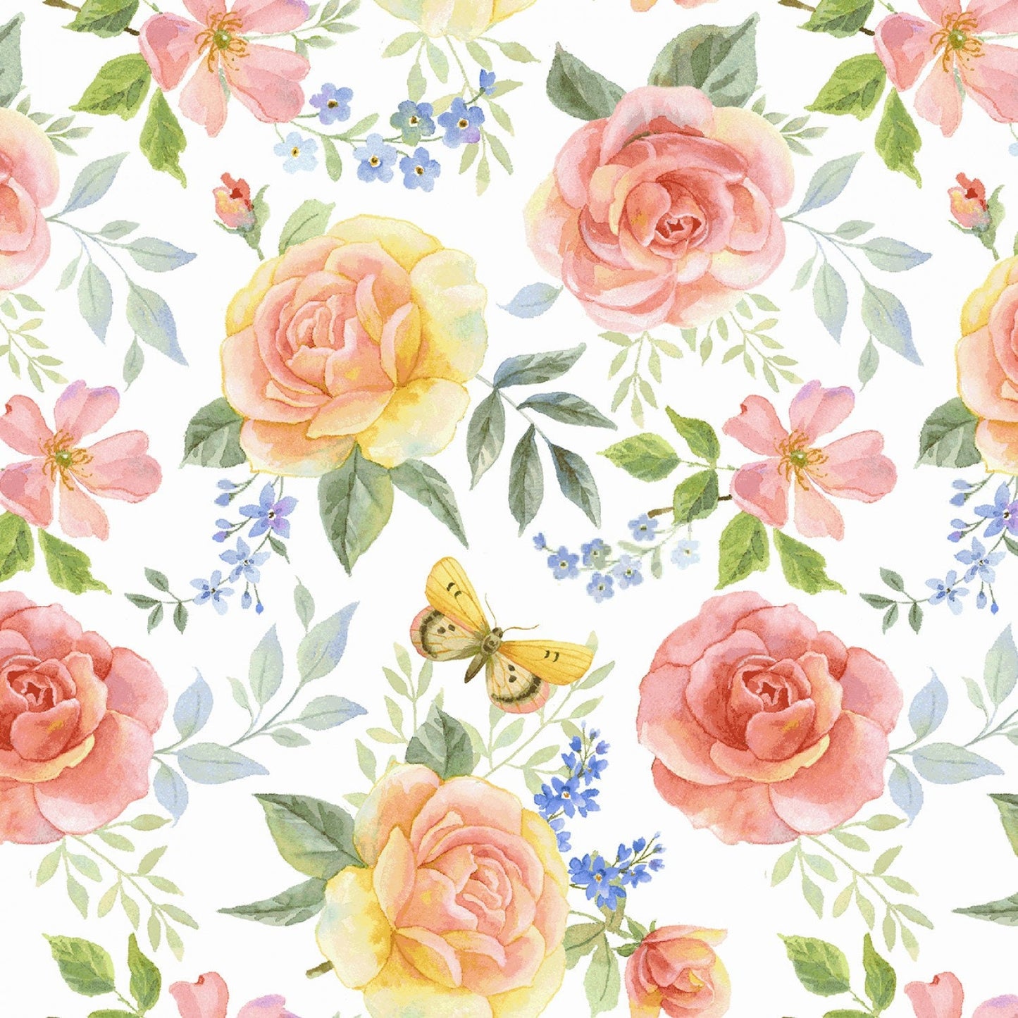 Garden Inspirations - Rose Yardage, Large Multi Tossed, Henry Glass Studios, White, Pink, Green, Blue, Butterfly, Cotton Yardage