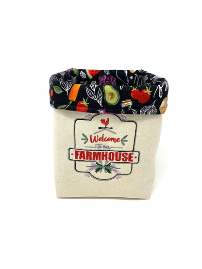 Fabric Bag, Basket, Reusable, Veggies, Welcome To Our Farmhouse, Black, Red, Beige, Handmade