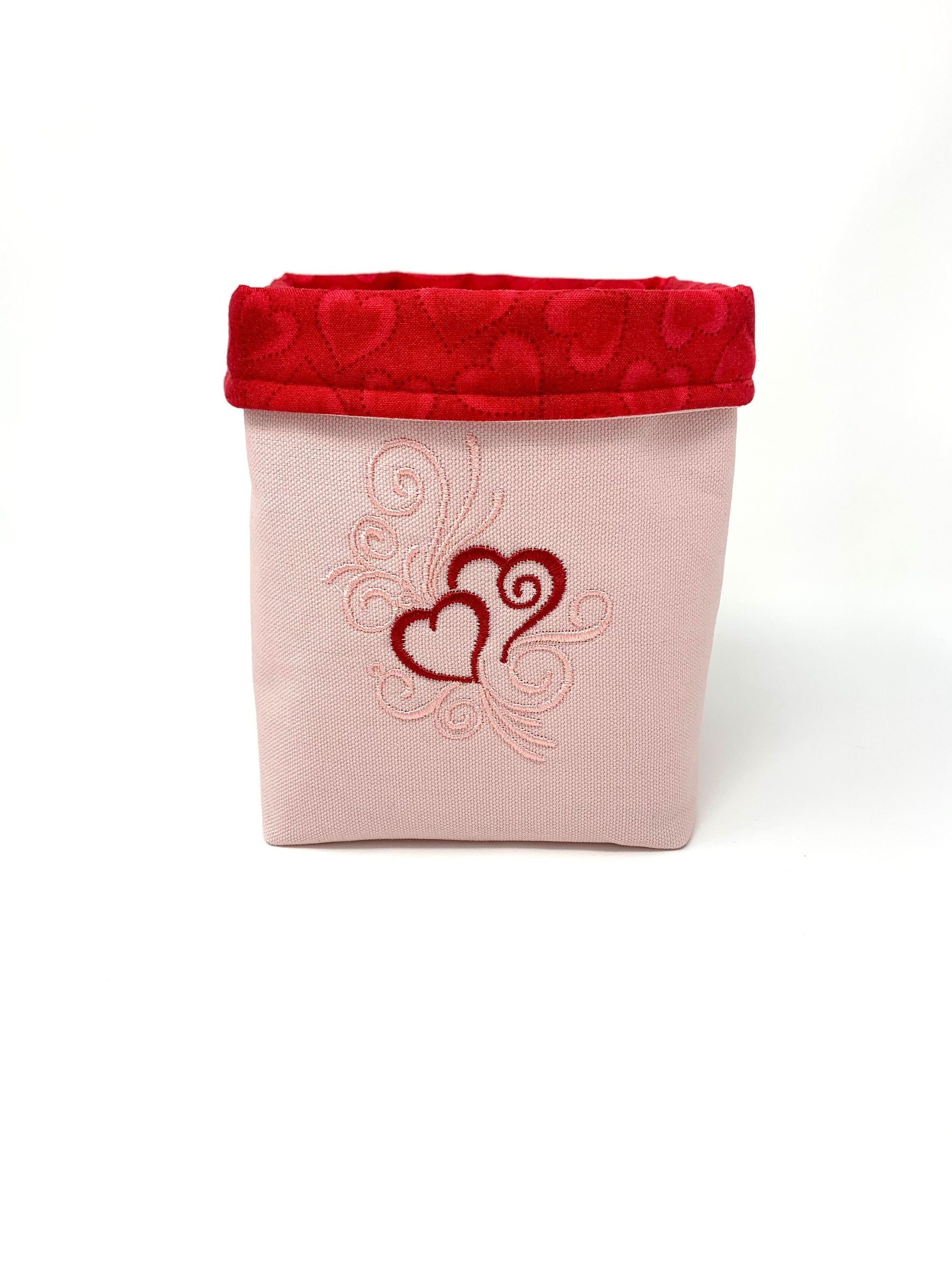 Fabric Bag, Basket, Reusable, Tissue Box Holder, Hearts, Valentines Day, Red, Pink, Handmade