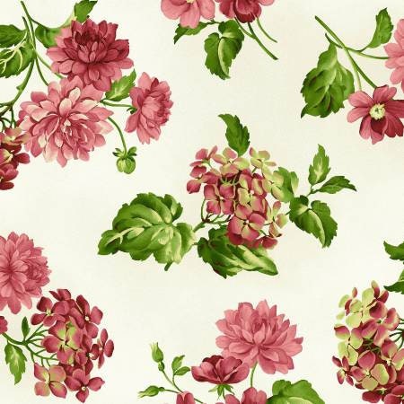 Lexington - Pink Floral Yardage, Medium, Cream, Green, Maywood Studio, Fabric Yardage