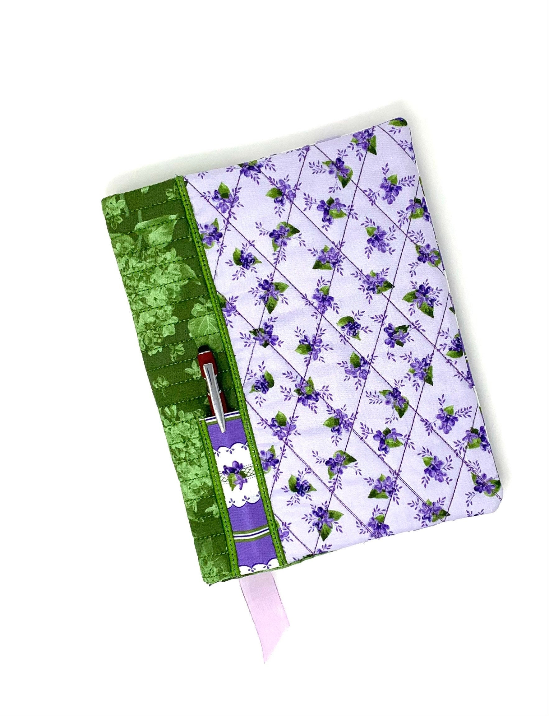 Floral Journal Composition Cover, Book Cover, Pen Holder, Quilted, Purple, Lavender, Green,  Handmade