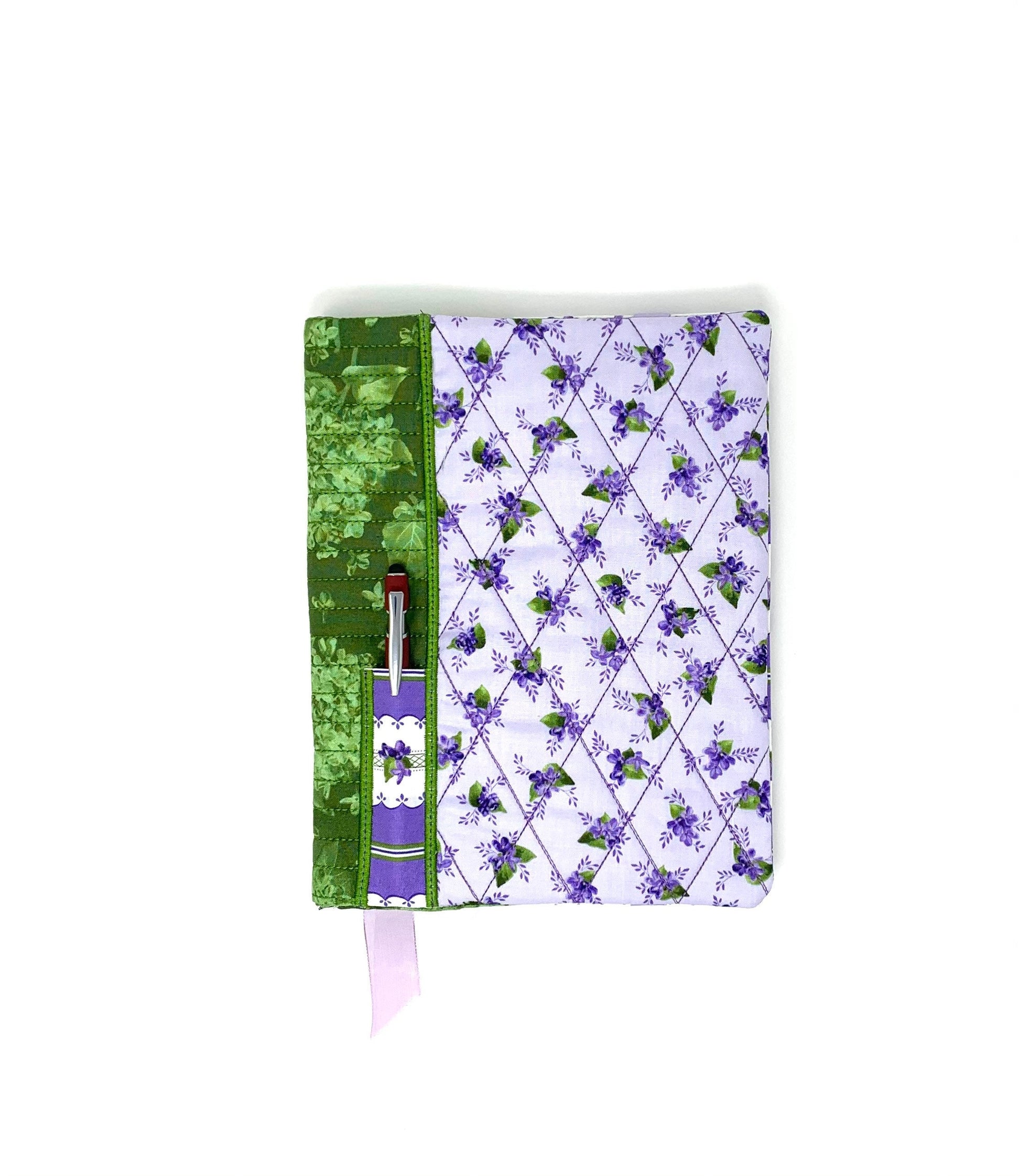 Floral Journal Composition Cover, Book Cover, Pen Holder, Quilted, Purple, Lavender, Green,  Handmade