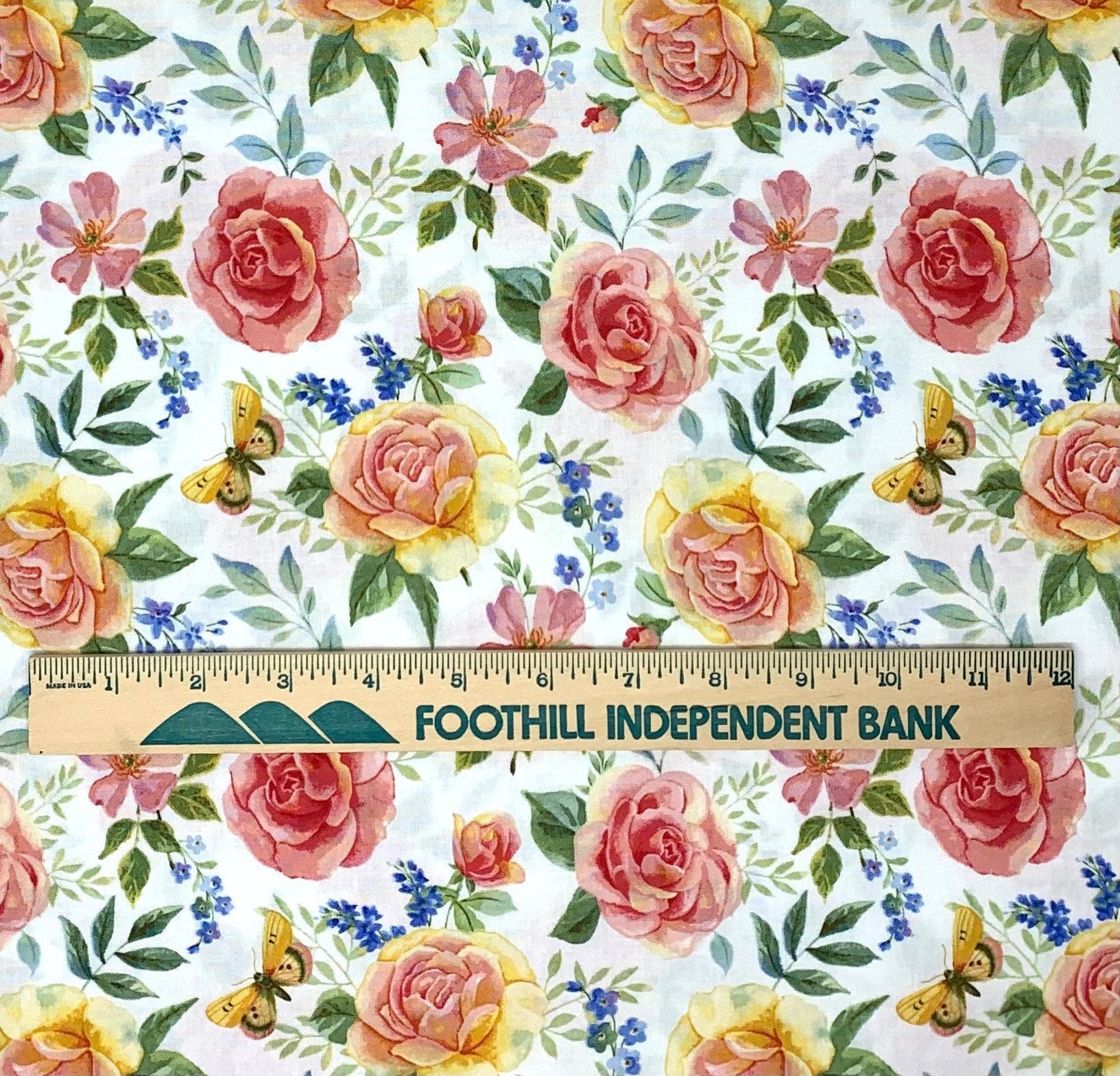 Garden Inspirations - Rose Yardage, Large Multi Tossed, Henry Glass Studios, White, Pink, Green, Blue, Butterfly, Cotton Yardage