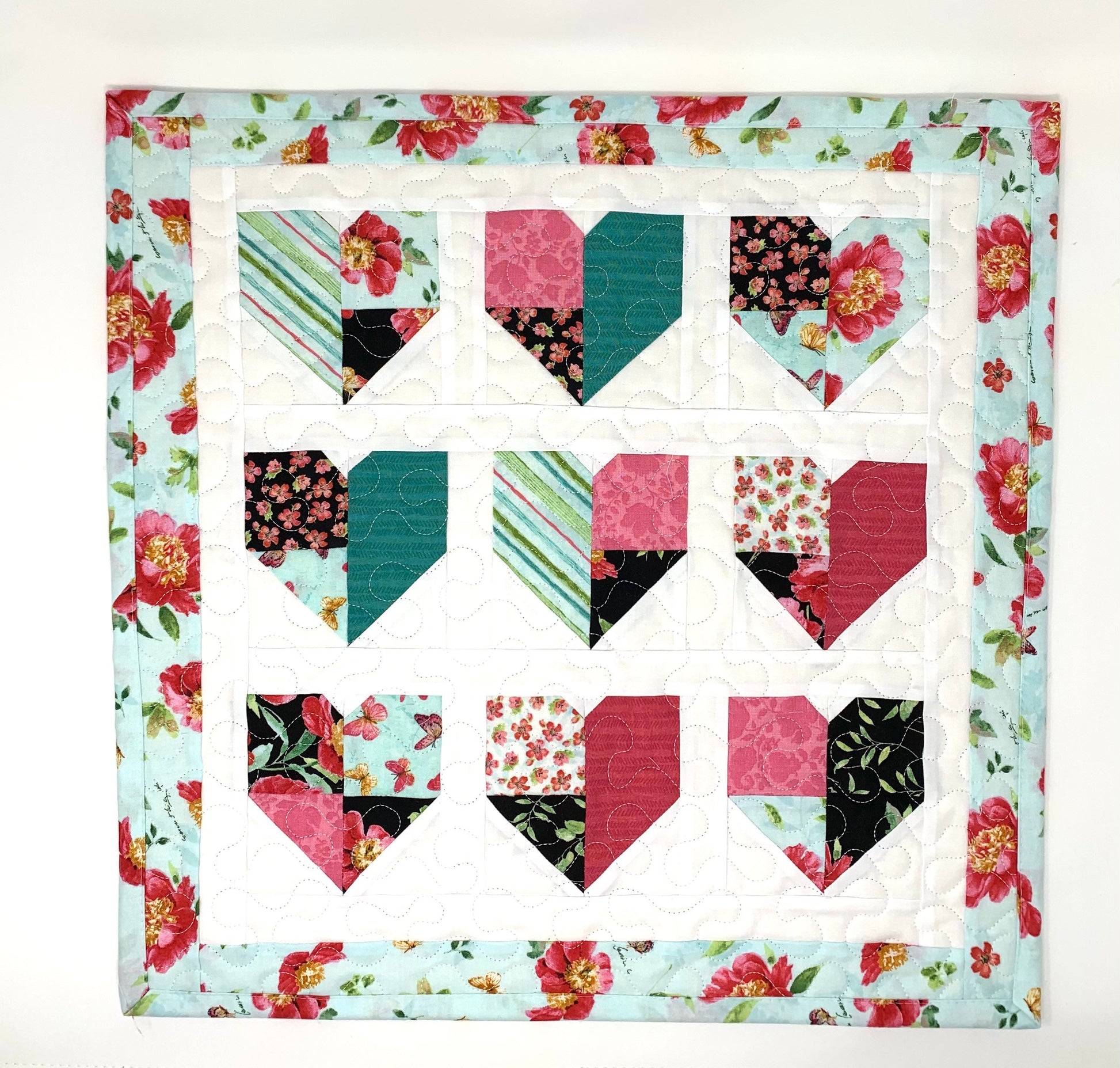 Hearts Table Runner, Table Topper, Wall Hanging Quilt, Pink, Teal, Handmade Table Runner Quilt