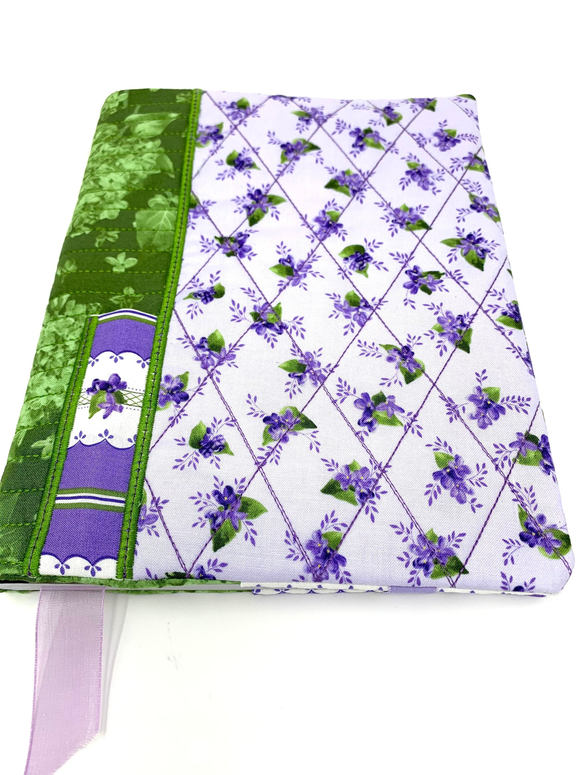 Floral Journal Composition Cover, Book Cover, Pen Holder, Quilted, Purple, Lavender, Green,  Handmade