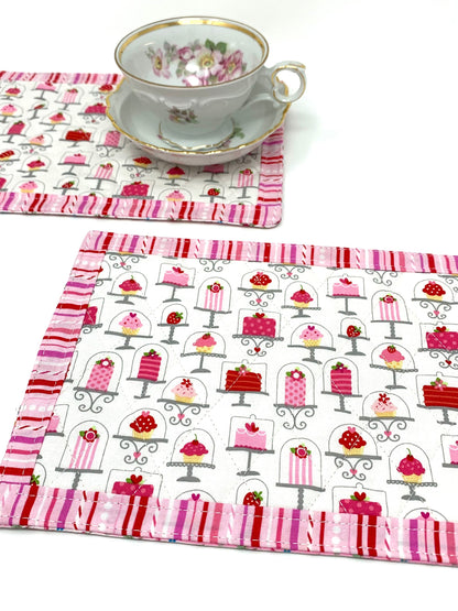 Pink Mug Rug Set, Set of 2, Snack Mats, Mini Quilts, Cake, Desserts