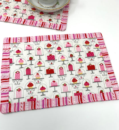 Pink Mug Rug Set, Set of 2, Snack Mats, Mini Quilts, Cake, Desserts