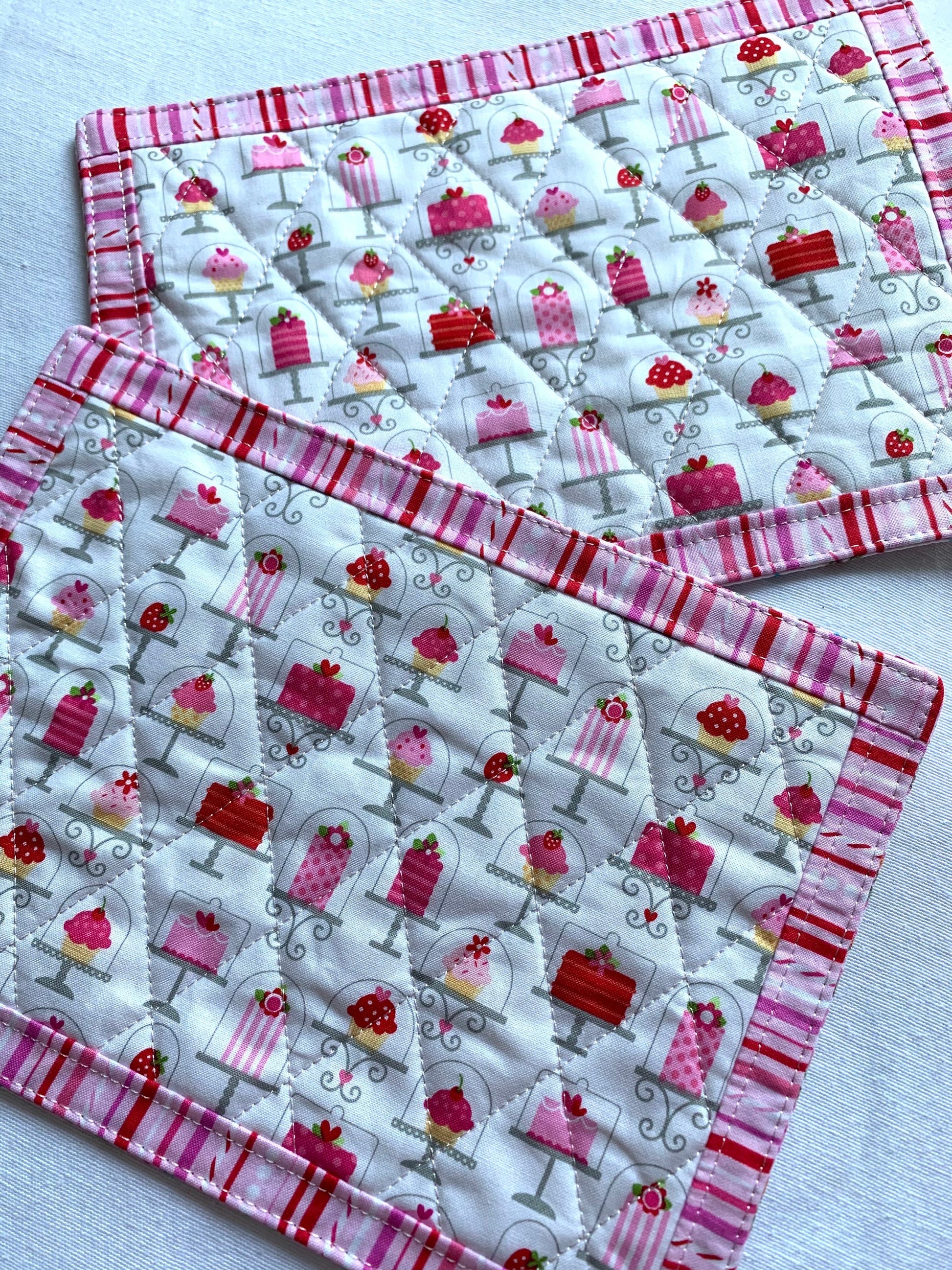 Pink Mug Rug Set, Set of 2, Snack Mats, Mini Quilts, Cake, Desserts