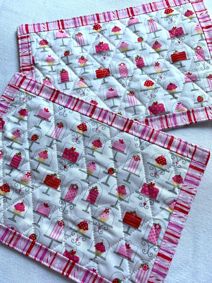 Pink Mug Rug Set, Set of 2, Snack Mats, Mini Quilts, Cake, Desserts