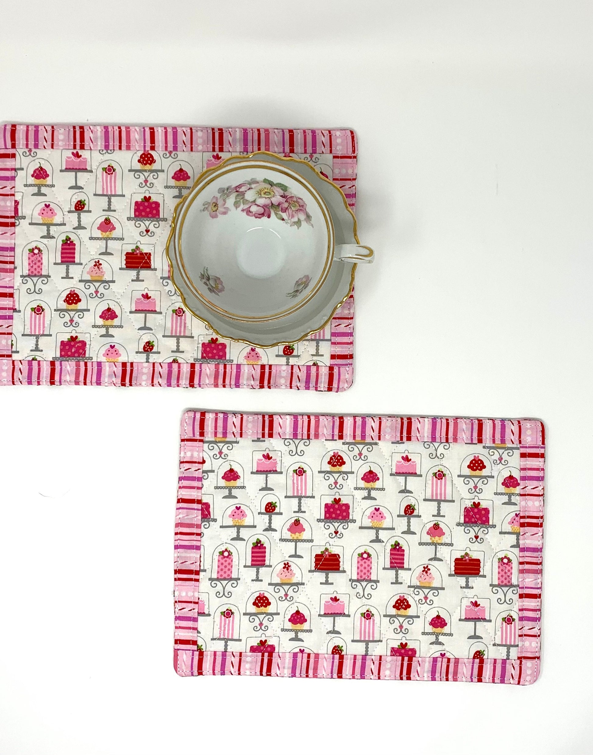 Pink Mug Rug Set, Set of 2, Snack Mats, Mini Quilts, Cake, Desserts