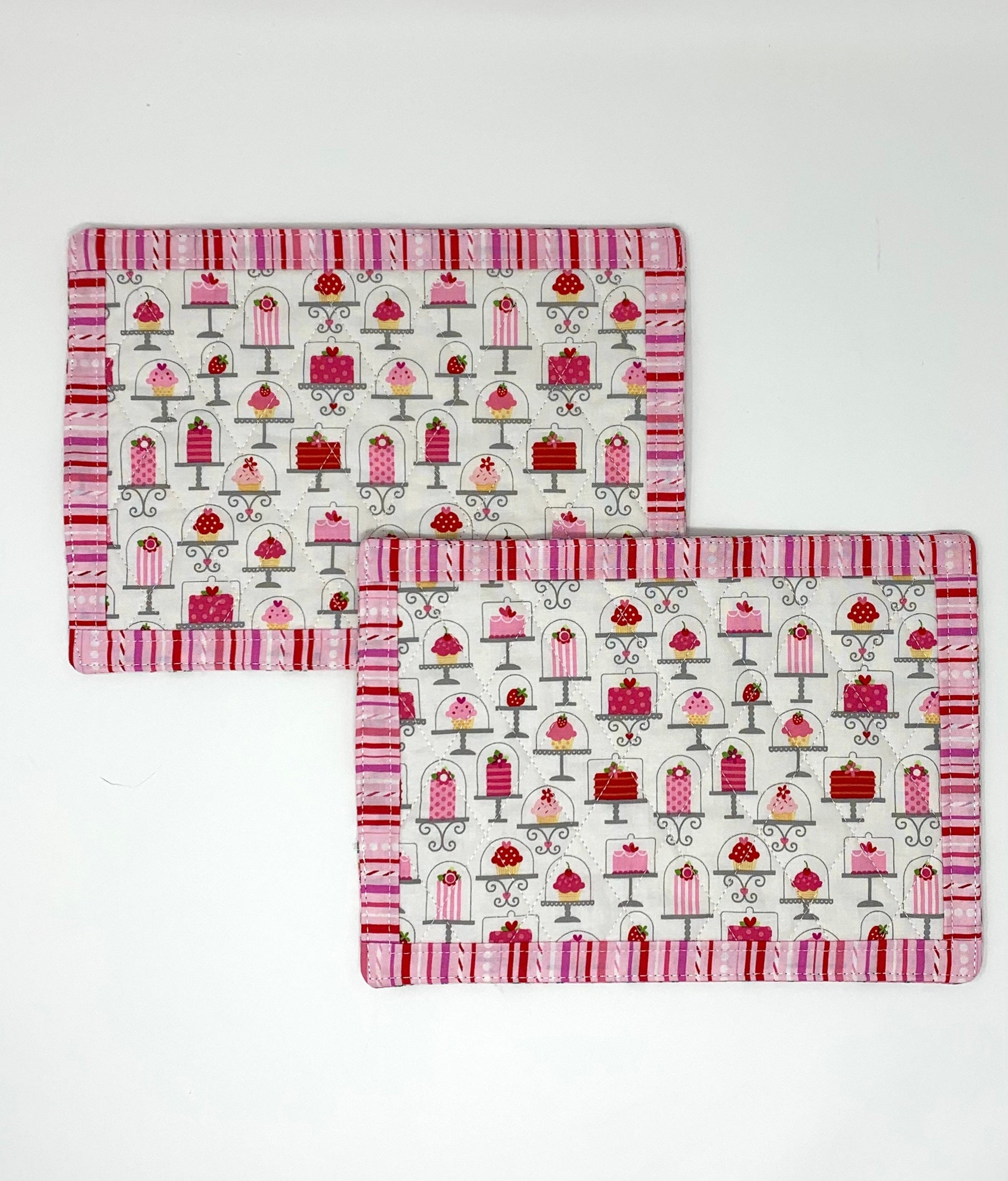 Pink Mug Rug Set, Set of 2, Snack Mats, Mini Quilts, Cake, Desserts