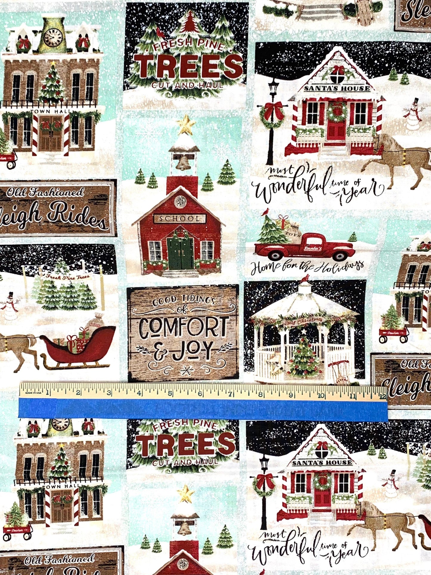 Multi Home for the Holidays Patchwork - Christmas Fabric, Winter yardage, Trees, Horses, Red Truck