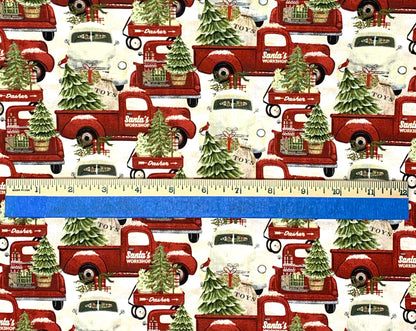 Multi Home for the Holidays Trucks, Christmas Fabric, Winter yardage, Red Pick-up Trucks