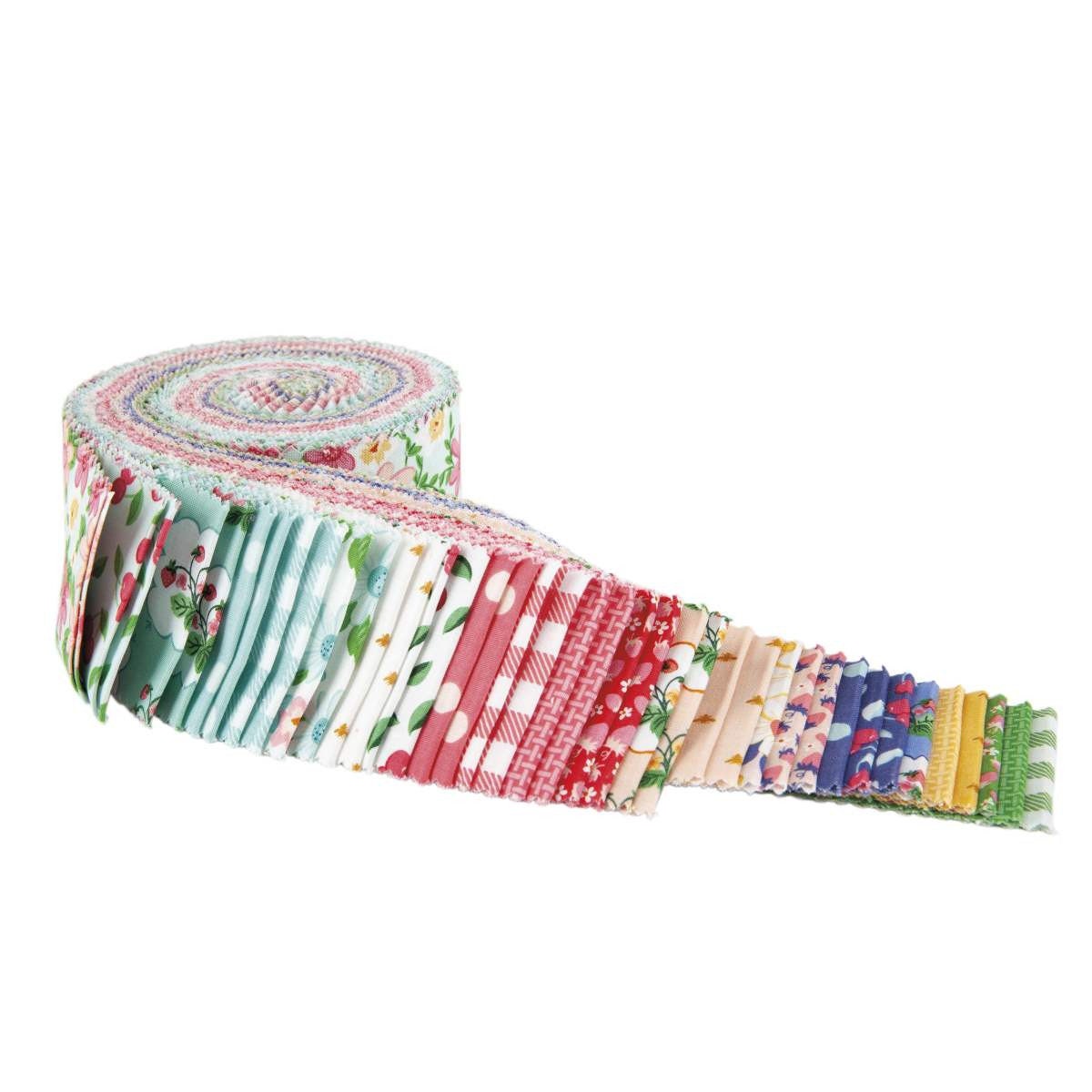 Summer Picnic Floral Fabric Strips, Strawberries, Cherries, Gingham, Pink, Blue, Green, 2.5 inch strips, 40 Strips Total, Riley Blake