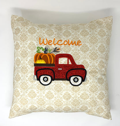 Fall Throw Pillow Cover, Pumpkins, Red Truck, Appliqué Cover, Autumn Decor