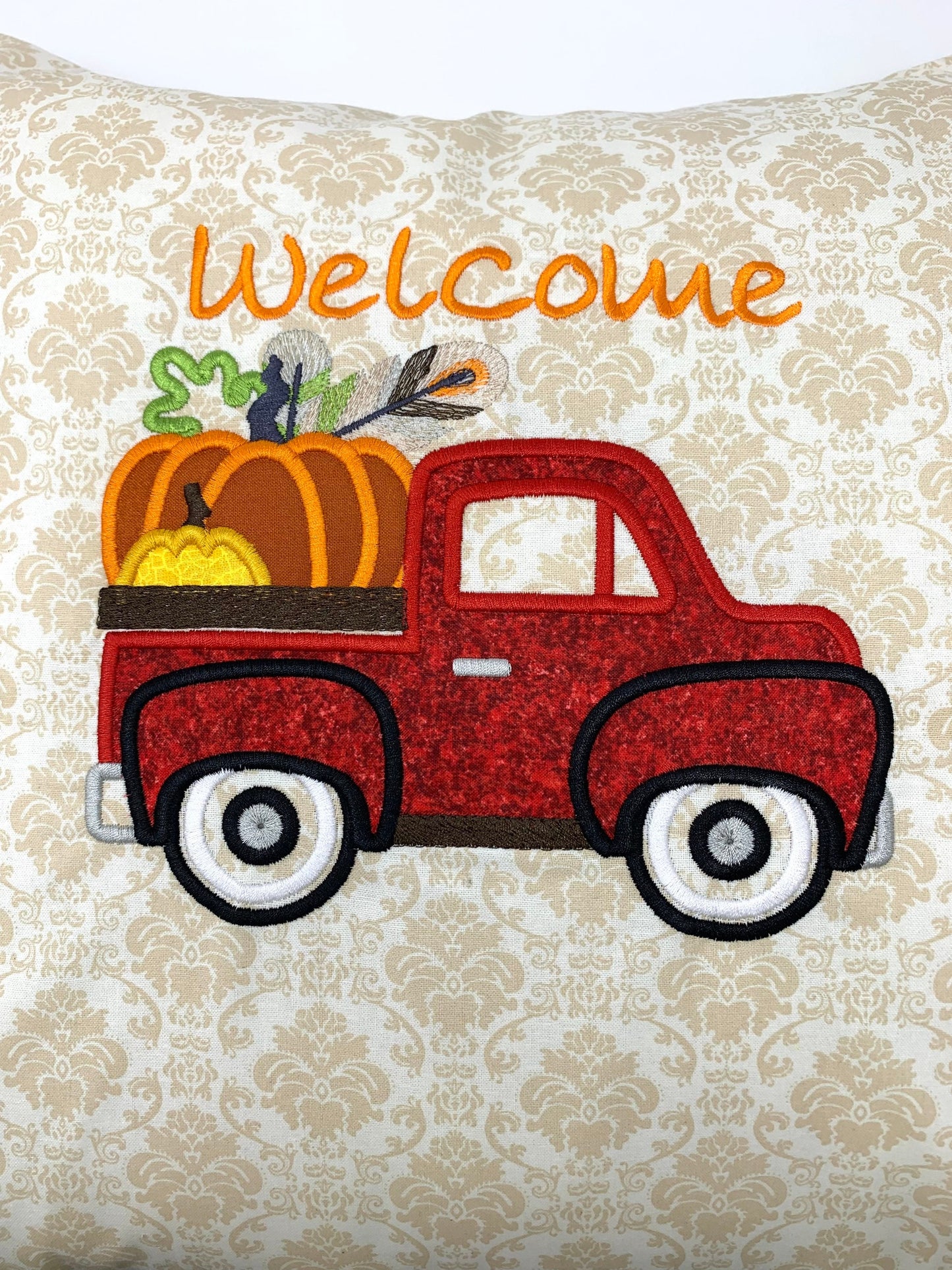 Fall Throw Pillow Cover, Pumpkins, Red Truck, Appliqué Cover, Autumn Decor