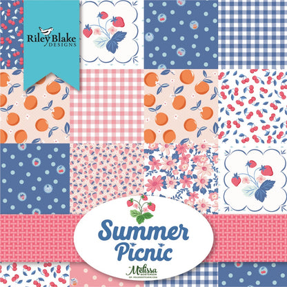 Summer Picnic Floral Fabric Strips, Strawberries, Cherries, Gingham, Pink, Blue, Green, 2.5 inch strips, 40 Strips Total, Riley Blake