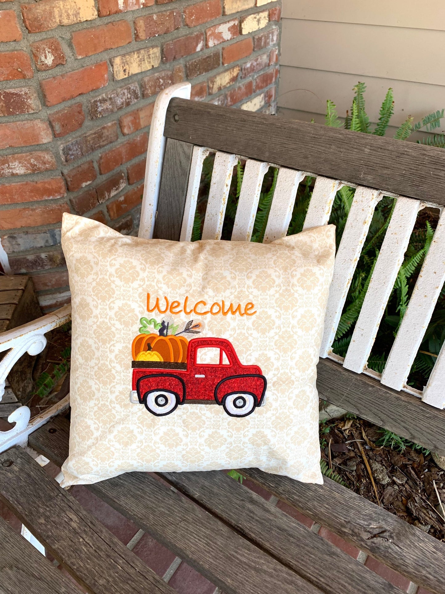 Fall Throw Pillow Cover, Pumpkins, Red Truck, Appliqué Cover, Autumn Decor