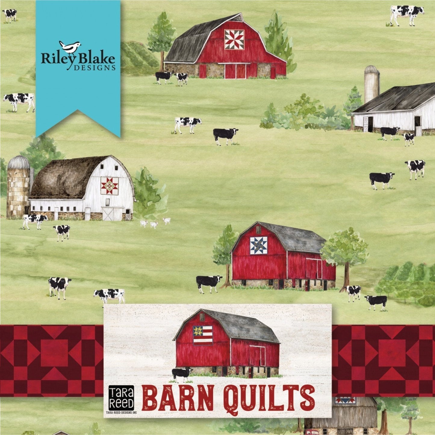 Barn Quilts - Quilt Fabric Squares, Green, Blue, Red, Charm Pack, Cows, Riley Blake, 5 inches, 42 squares