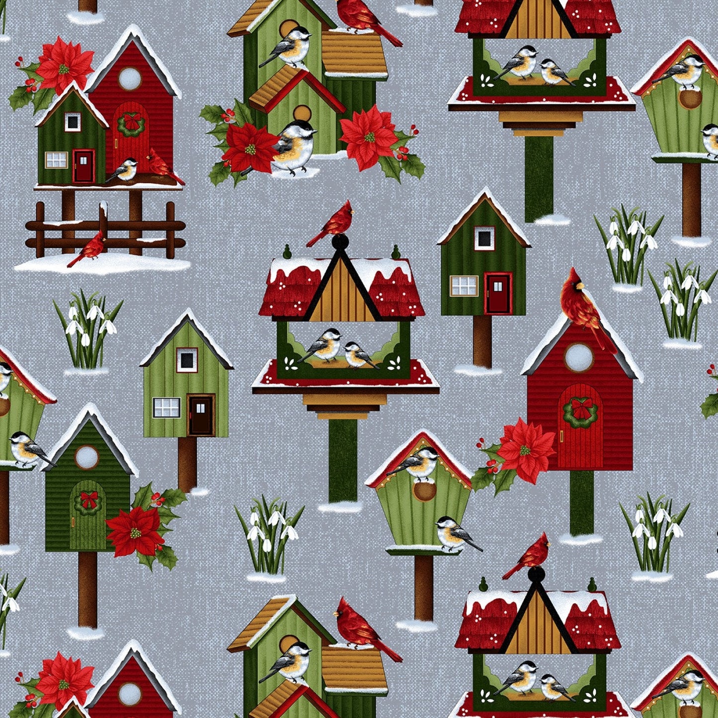 Christmas Fabric - Frozen in Time, Bird House print,  Yardage