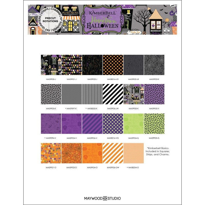 Halloween fabric strips, 2.5 inches, Hometown Halloween, Orange, Purple, Haunted House, 40 Strips Total, Quilt Fabric