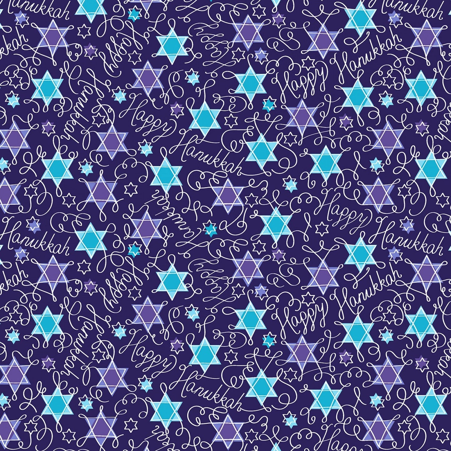 Hanukkah Fabric Yardage, Dark Blue, Teal, White, Jewish Star, Happy Hanukkah, One of a Kind, Windham, Whistler Studios