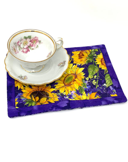 Sunflower Mug Rug, Place Mat, Snack Mat, Mini Quilt, Yellow, Purple