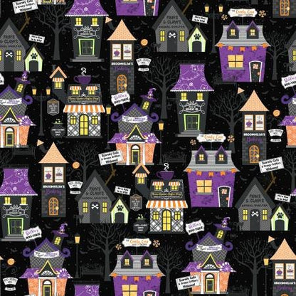 Halloween fabric strips, 2.5 inches, Hometown Halloween, Orange, Purple, Haunted House, 40 Strips Total, Quilt Fabric