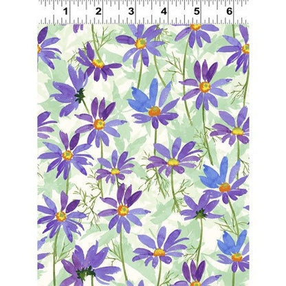 Flower Shop - Floral yardage, Purple Daisies, Green, Blue, Clothworks