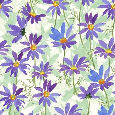 Flower Shop - Floral yardage, Purple Daisies, Green, Blue, Clothworks