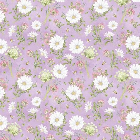 The Art of Beekeeping - Lavender Floral Fabric, Yardage, White, Lavender Floral Toss, Wilmington Prints