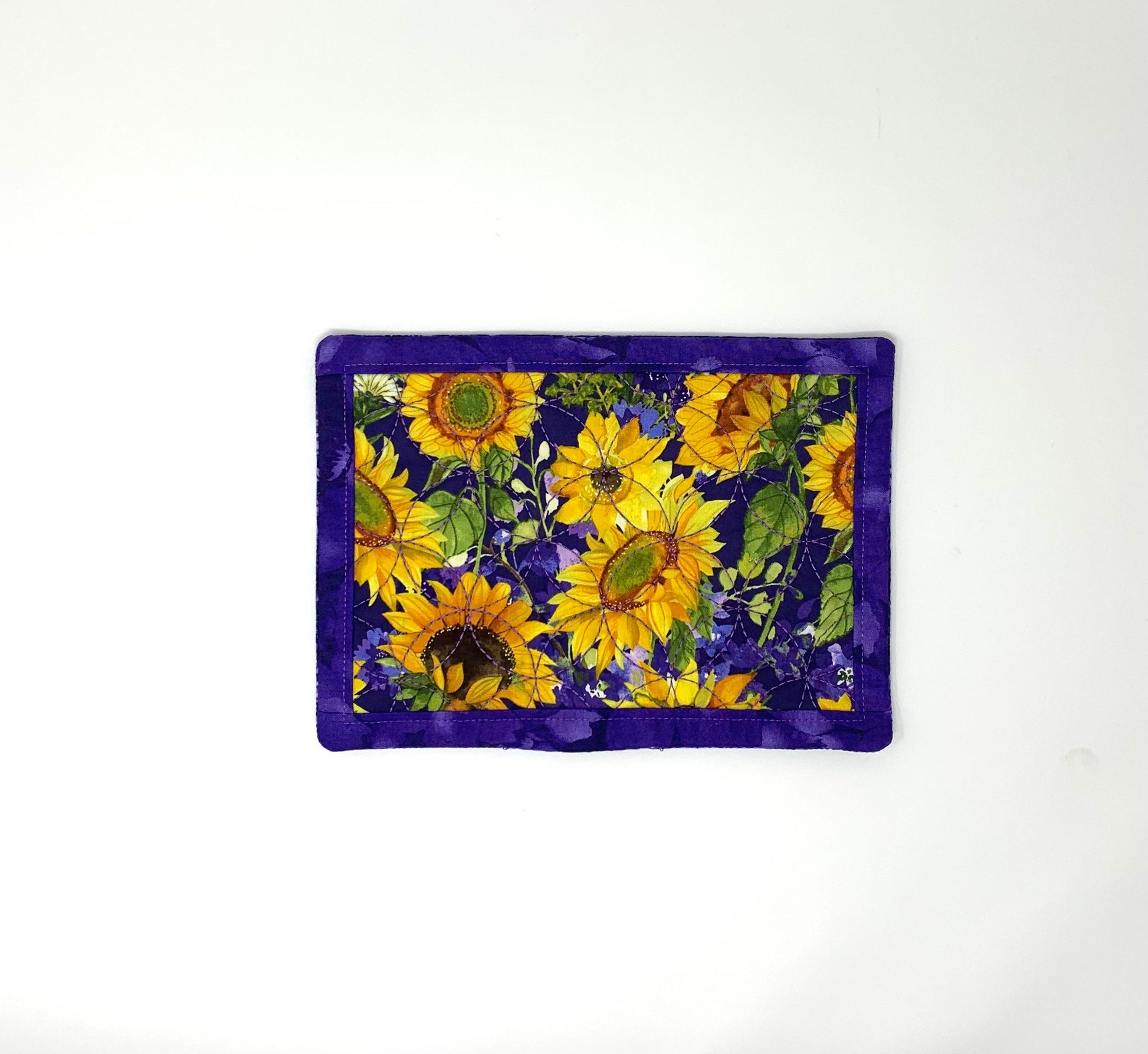 Sunflower Mug Rug, Place Mat, Snack Mat, Mini Quilt, Yellow, Purple