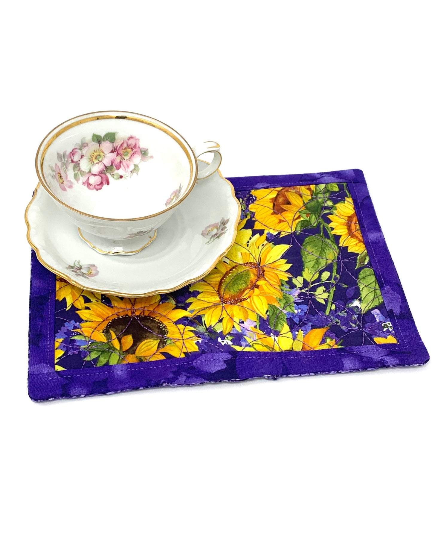 Sunflower Mug Rug, Place Mat, Snack Mat, Mini Quilt, Yellow, Purple