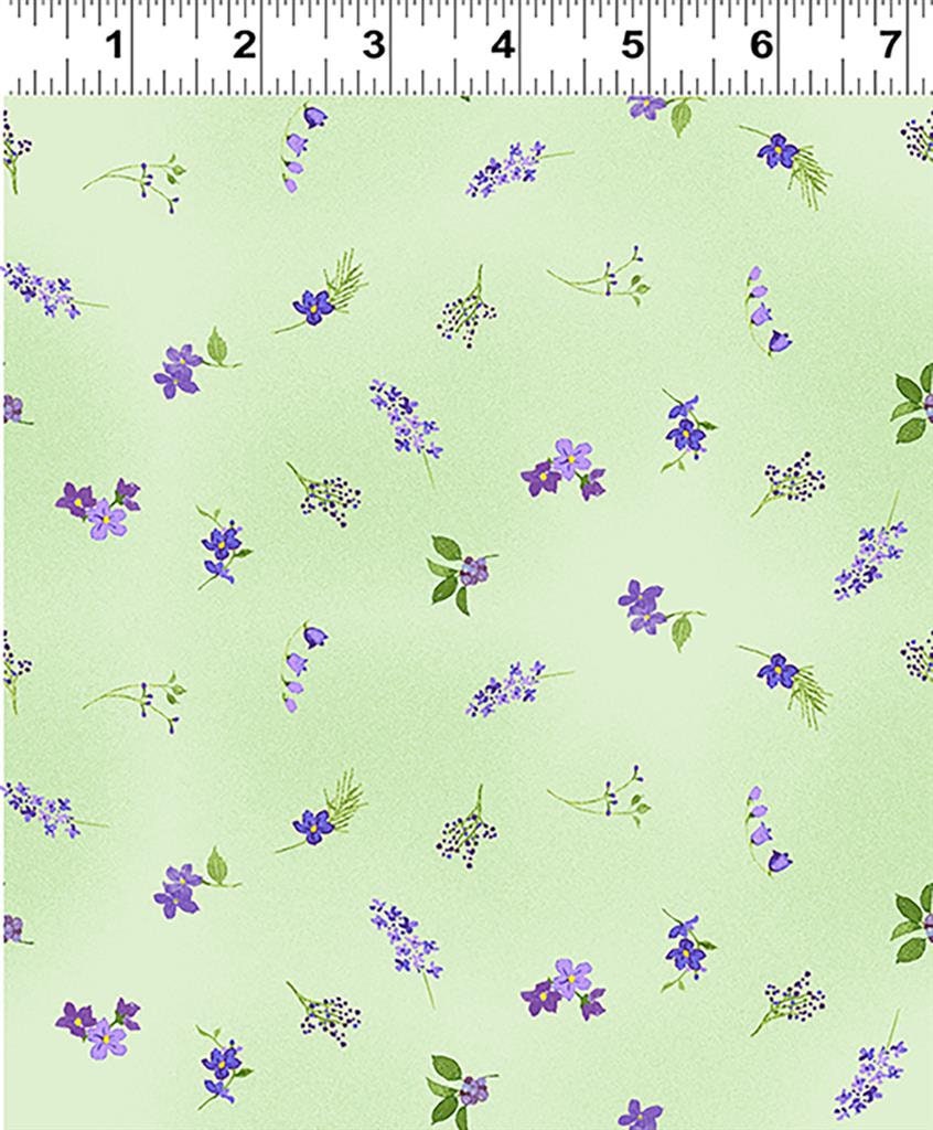 Mint Ditsy Floral - Floral yardage, Purple Daisies, Flower Shop, Green, Blue, Clothworks