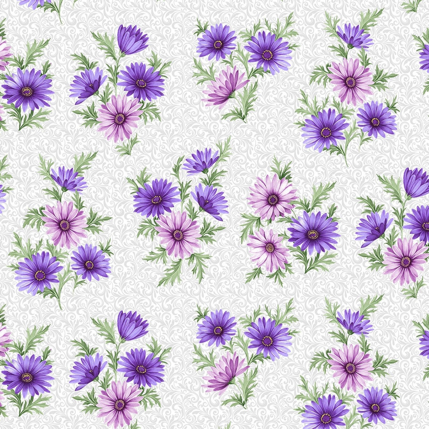 Miss Marguerite - Purple Lavender Flowers, Benartex, Cotton Fabric Yardage, Pearl Grey Multi Bouquet Pearlized