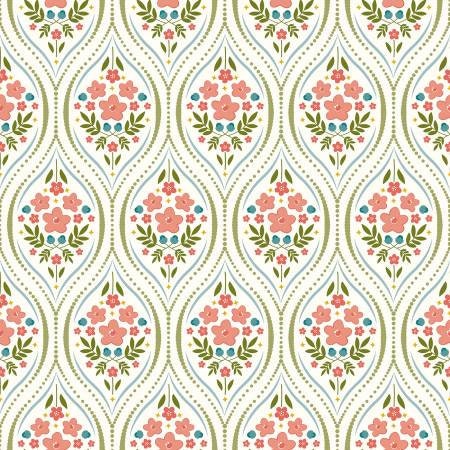 Primrose Hill,  - Pink Blue Floral Yardage, Damask Cream, Riley Blake,  Cotton Fabric Yardage