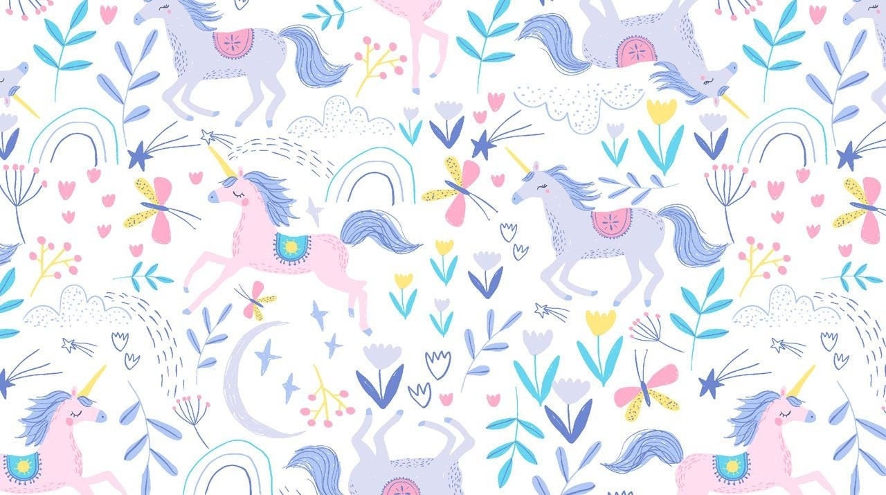 Unicorn Romp, Pink Blue Floral Yardage, Pastel, Rainbows, Butterflies,, children's yardage