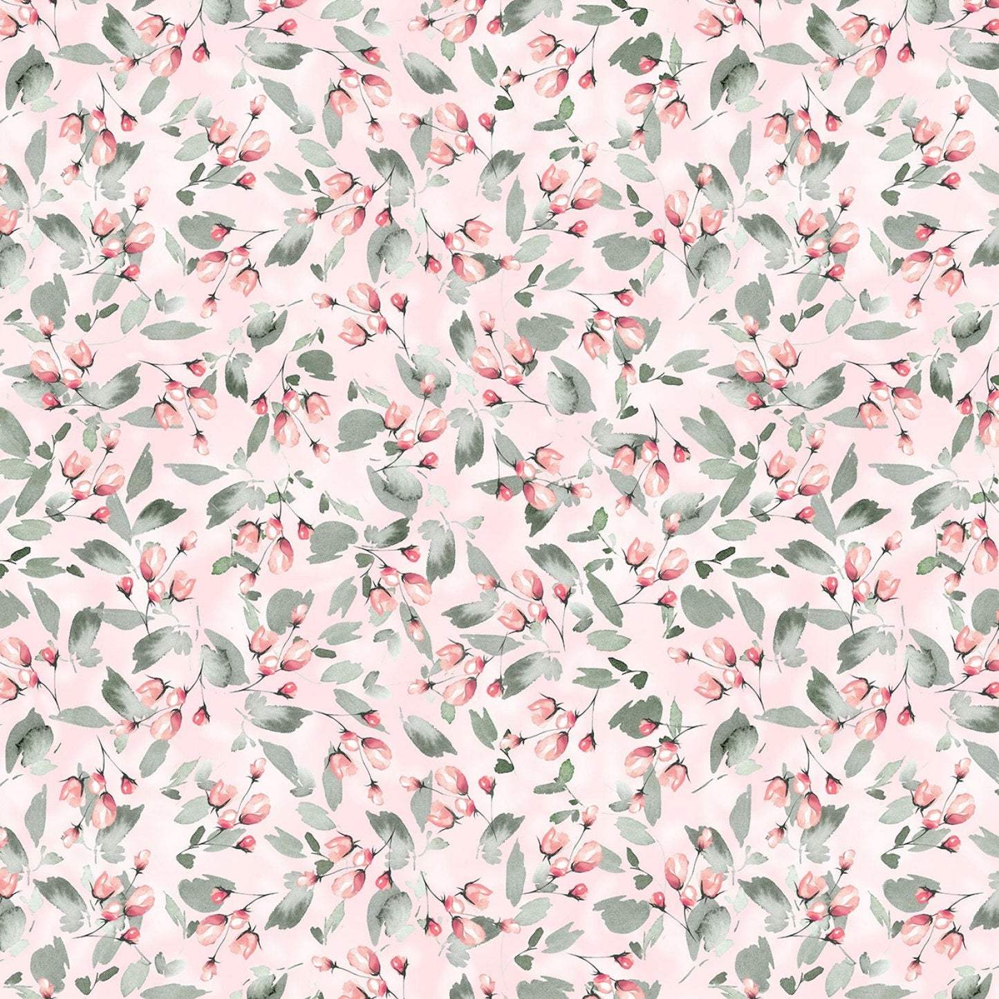 Blush Budding Roses, Pink Floral Yardage, White, Green, Michael Miller yardage