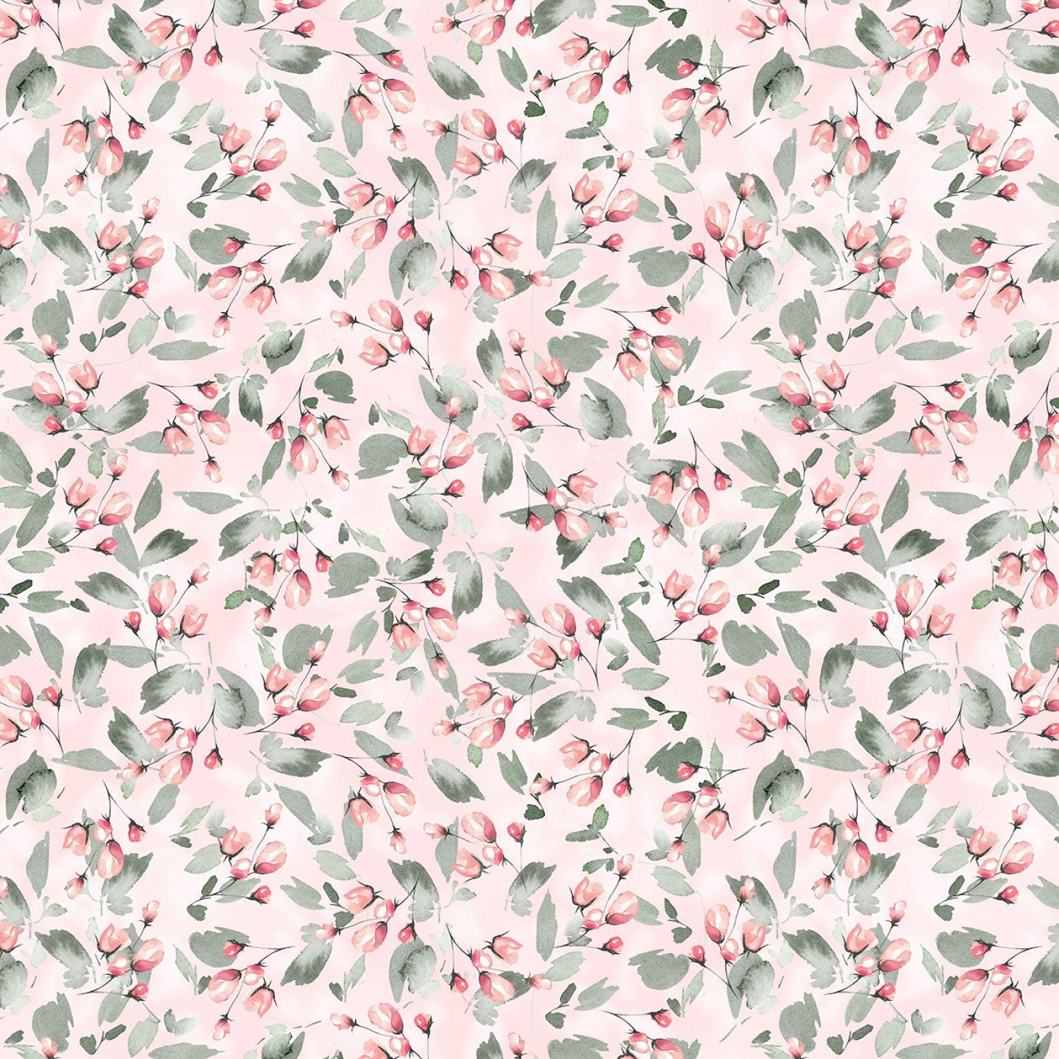 Blush Budding Roses, Pink Floral Yardage, White, Green, Michael Miller yardage