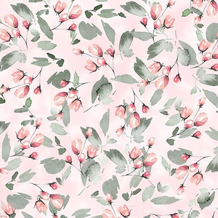 Blush Budding Roses, Pink Floral Yardage, White, Green, Michael Miller yardage