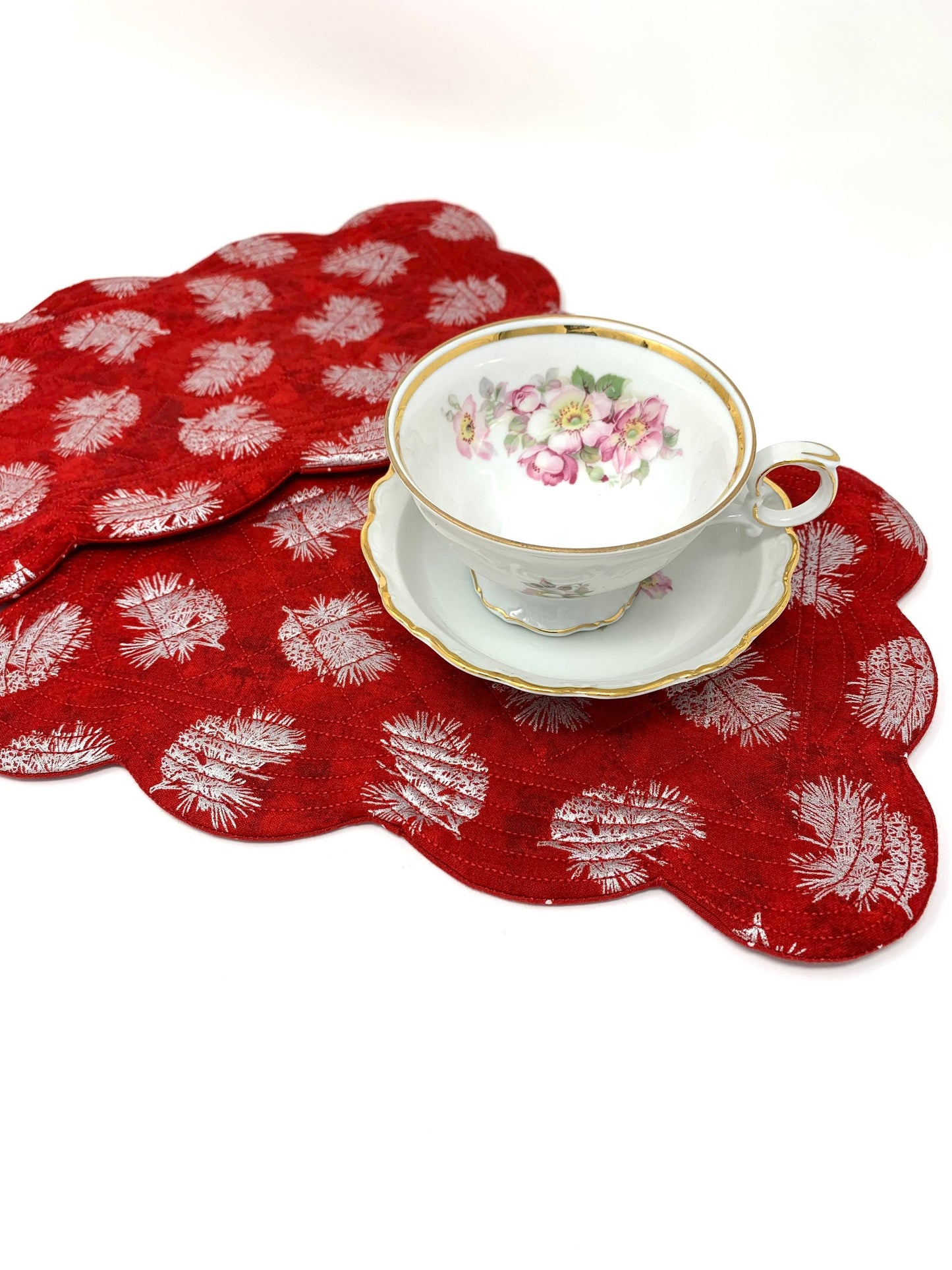 Red Silver Mug Rug, Set of 2, Christmas, Snack Mat, Place Mat,  Mini Quilt, Scalloped Edge