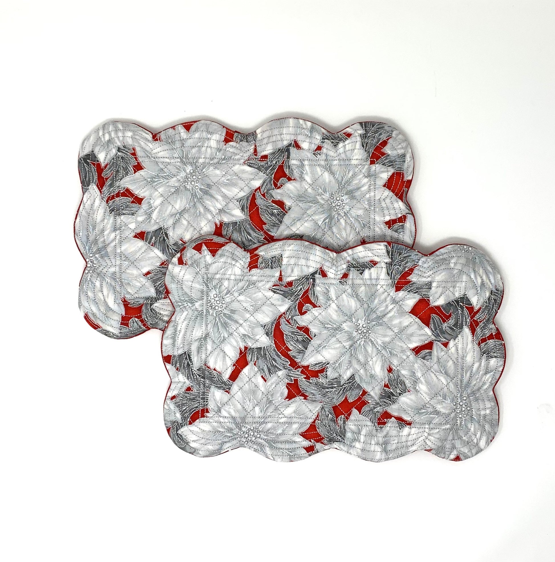 Red White Mug Rug, Set of 2, Christmas, Floral, Snack Mat, Place Mat,  Mini Quilt, Scalloped Edge