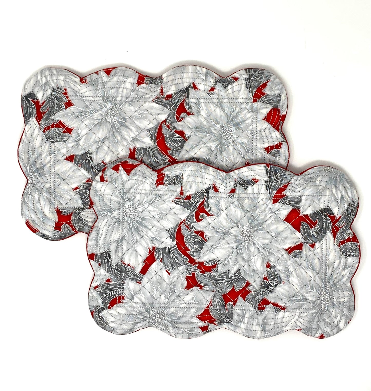 Red White Mug Rug, Set of 2, Christmas, Floral, Snack Mat, Place Mat,  Mini Quilt, Scalloped Edge